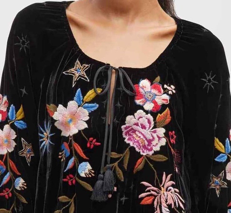Johnny Was L Large Black Velvet Roses & Stars Embroidered Peasant Tunic Top Johnny Was