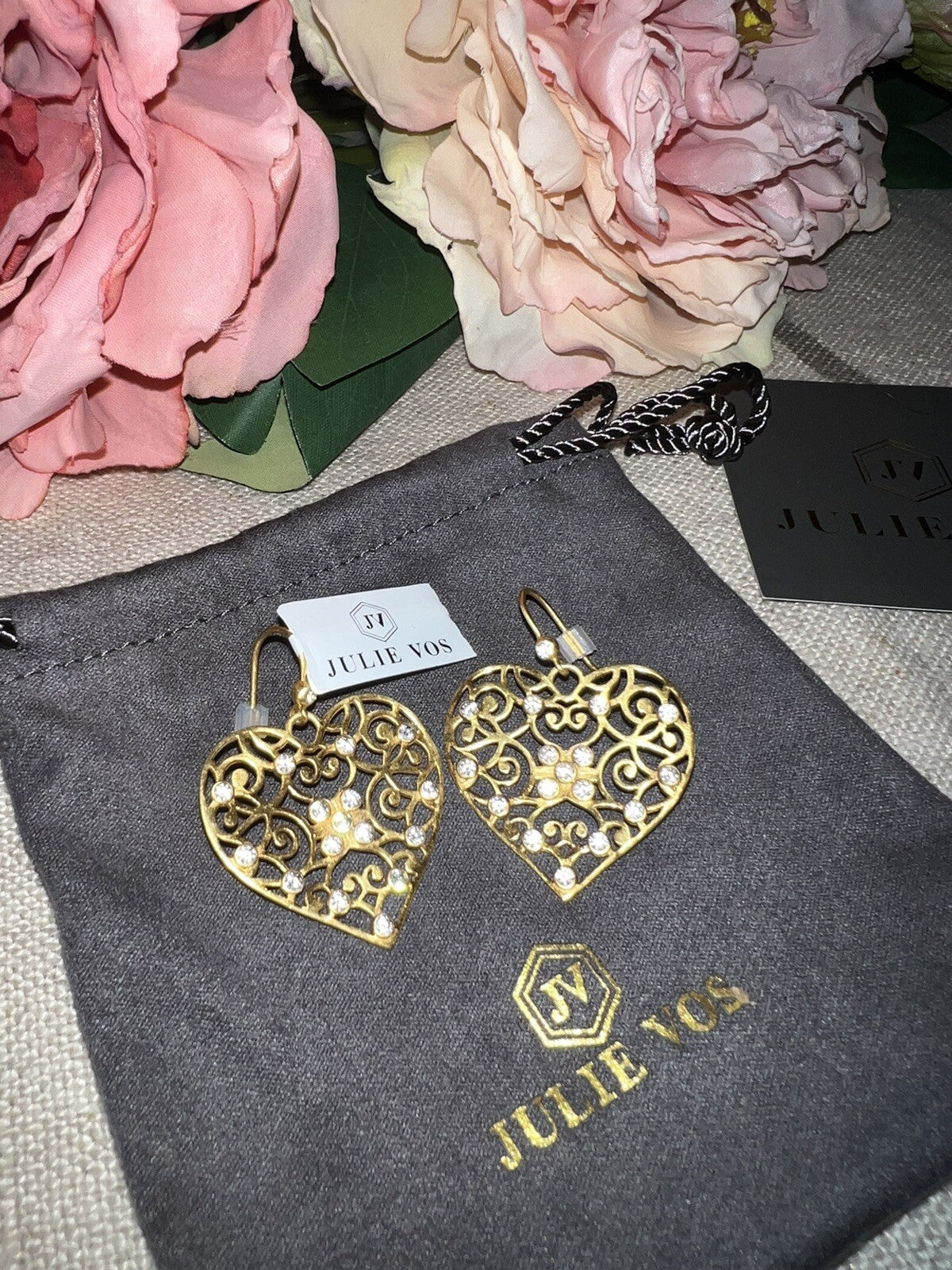 Julie Vos Heart Earrings CZ Embellished 24k Gold Plated Luxe statement Julie Vos