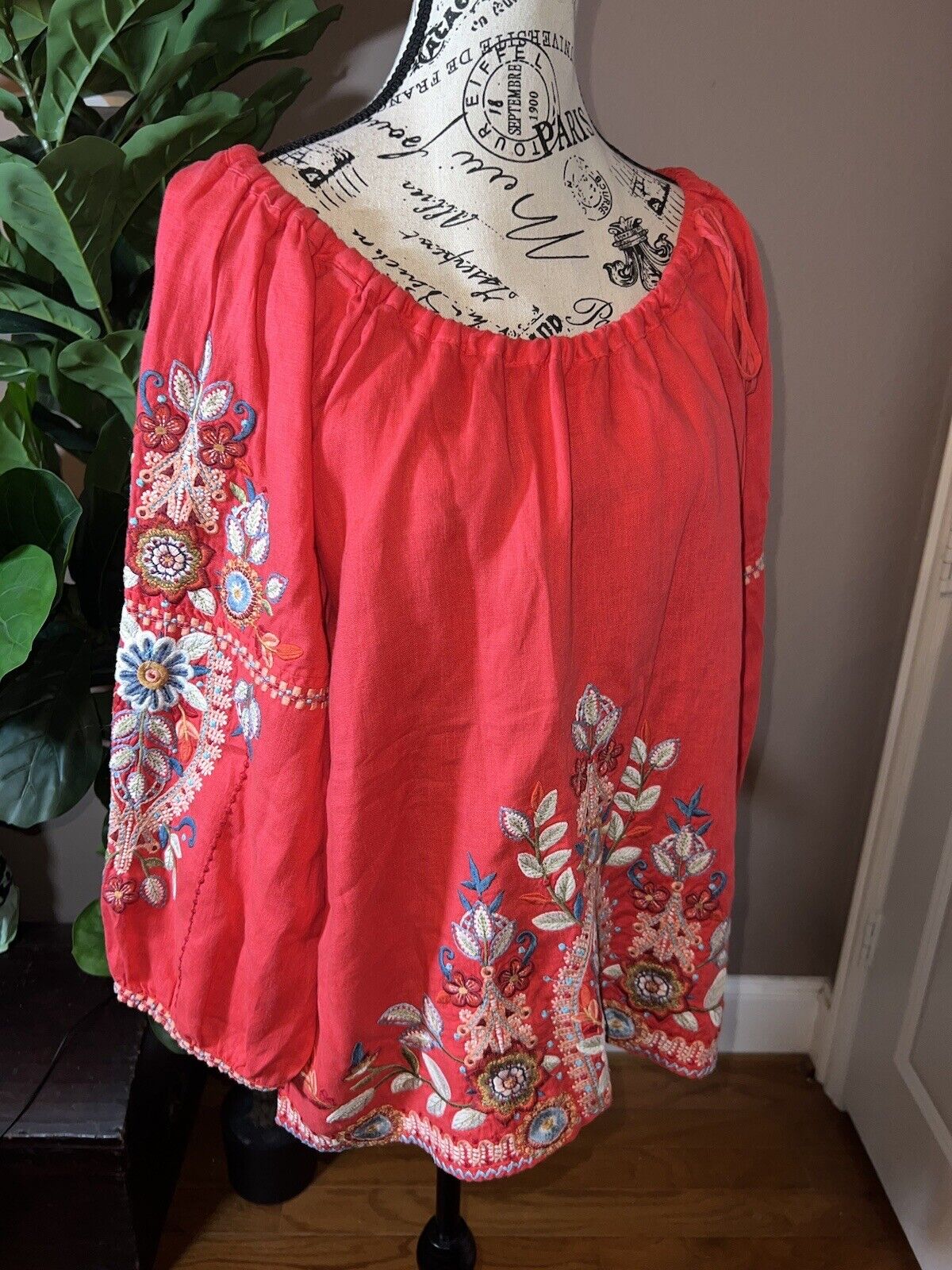 Johnny Was L Large Linen Kimono Sleeve Peasant Top Floral Embroidered