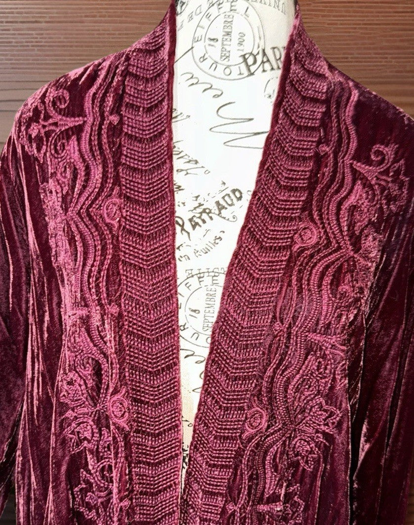 Johnny Was L Large Deep Wine Red Velvet Kimono Wrap Cardigan Tonal Embroidery Johnny Was