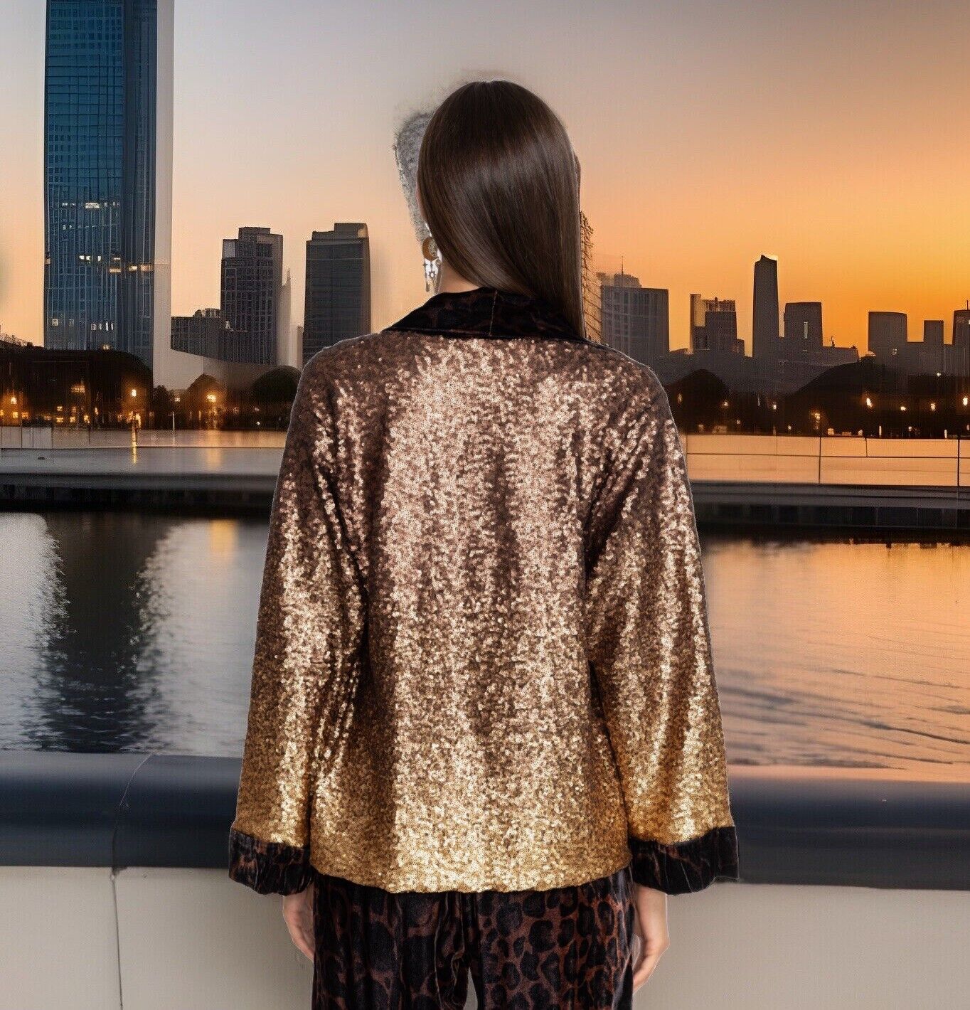 Johnny Was XL 1X Silk Velvet & Sequin Gold & Leopard KIMONO Jacket Wrap Coat