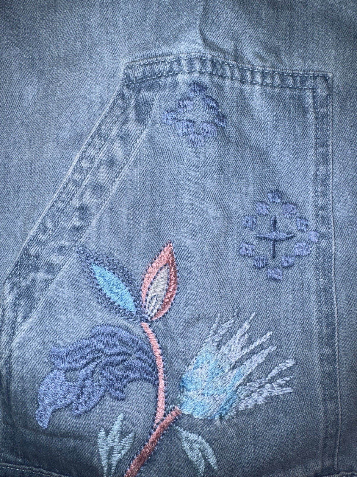 Johnny Was 2X Plus Denim Worker Jacket Coat Embroidered Birds & Paisley Johnny Was