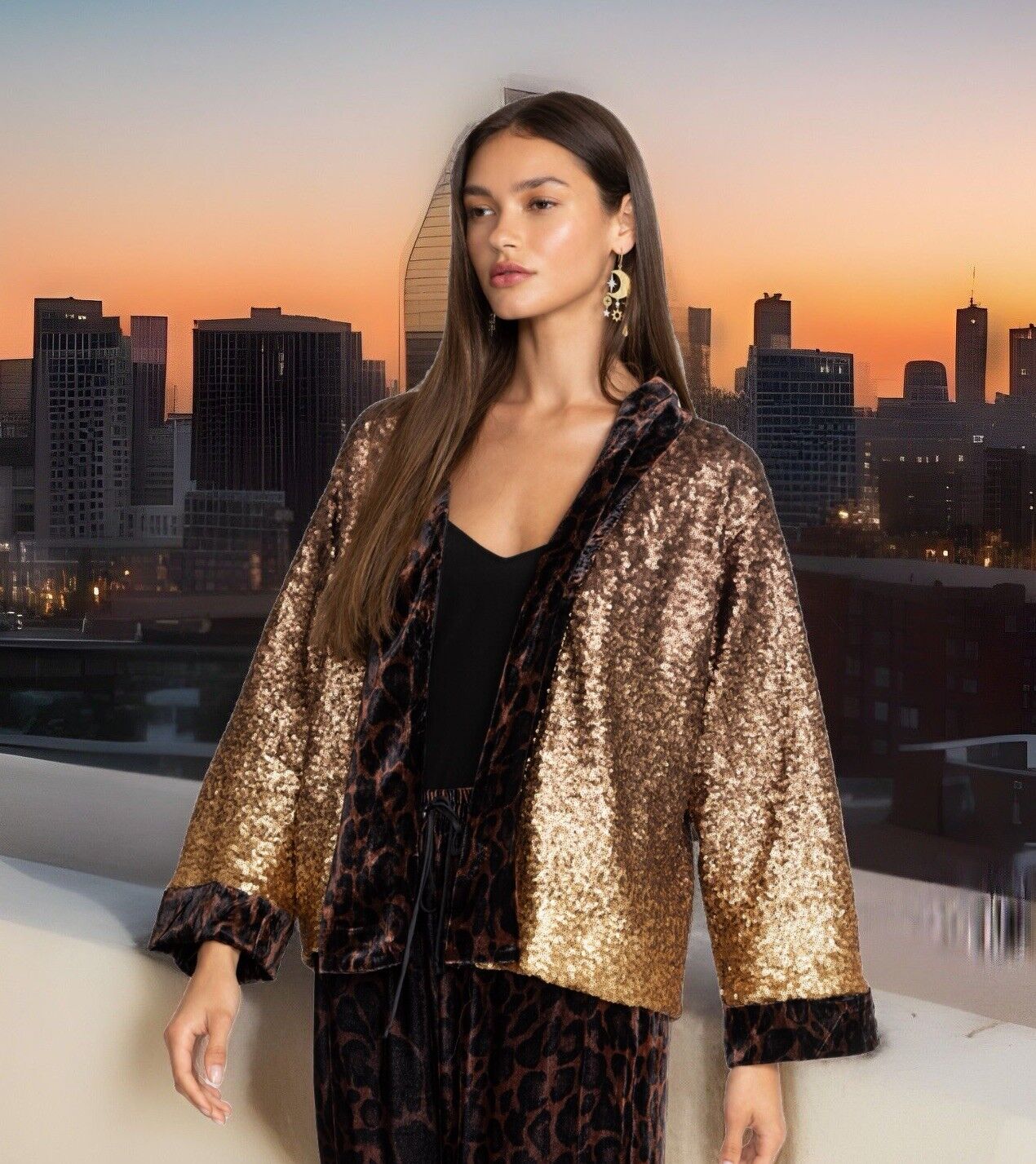 Johnny Was XL 1X Silk Velvet & Sequin Gold & Leopard KIMONO Jacket Wrap Coat