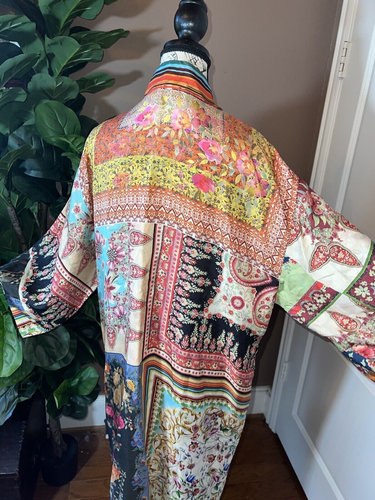 Johnny Was 100% Silk Long Kimono Wrap PL Petite Large REVERSIBLE Duster