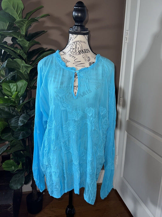 NEW Johnny Was Sz XL Silky Pacific Blue Tunic Top Tonal Embroidery Peplum NWT