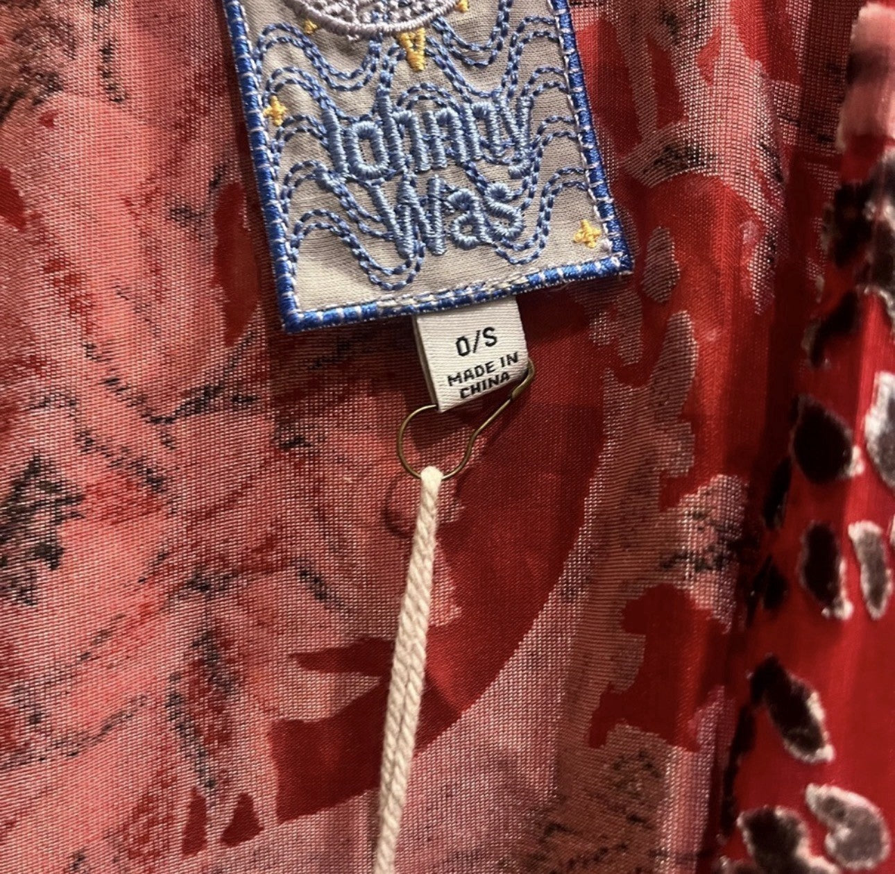 Johnny Was O/S Burnout Velvet Shawl Wrap Red Beaded Trim Bohemian Luxury Johnny Was