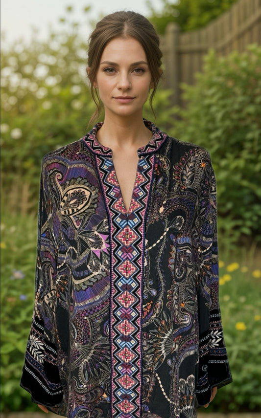 Johnny Was 3x Tunic Top Blouse Black Paisley Velvet Embroidered Lightweight Cool Johnny Was