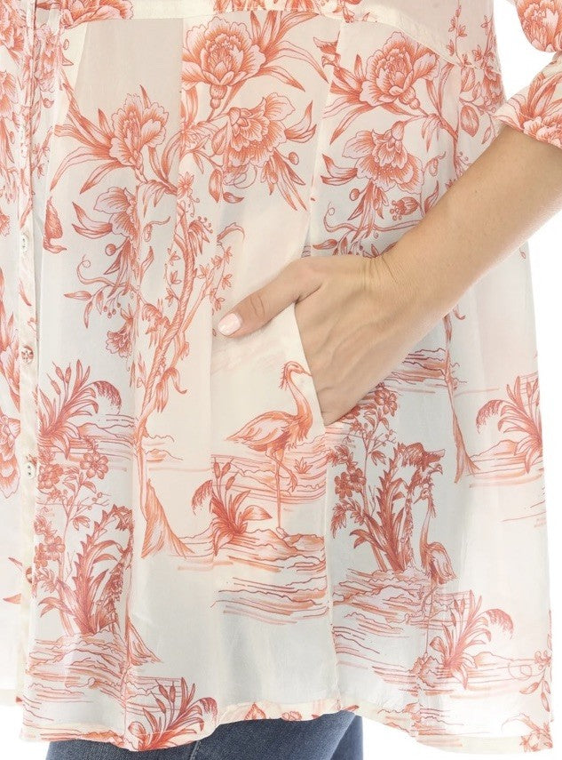 Johnny Was XXL Red & White Button Up Blouse Tunic Top Floral Shirt Boho Johnny Was