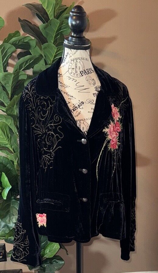 Johnny Was XL Black Velvet Jacket Coat Blazer Silk Lined Embroidered Kimono