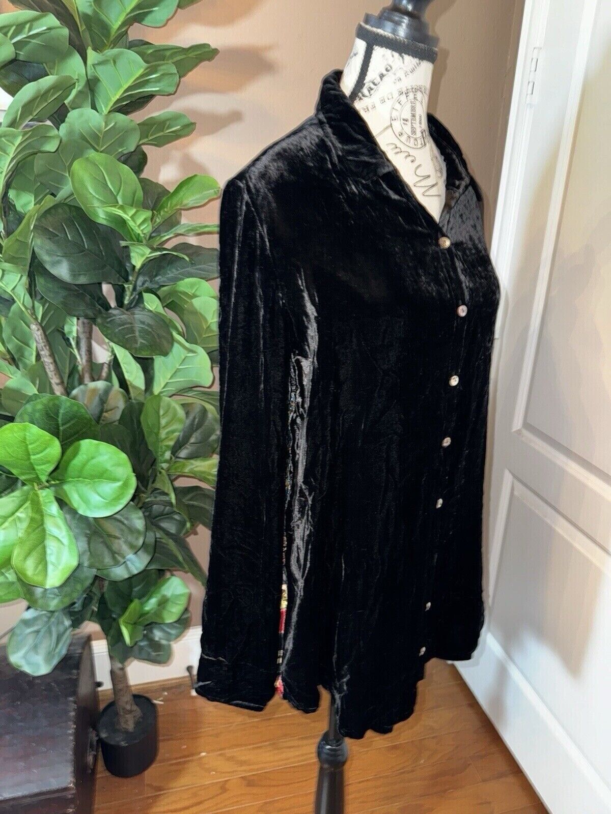 Johnny Was Large BOHO Black Velvet & Silk Button Up Tunic Top STUNNING BACK