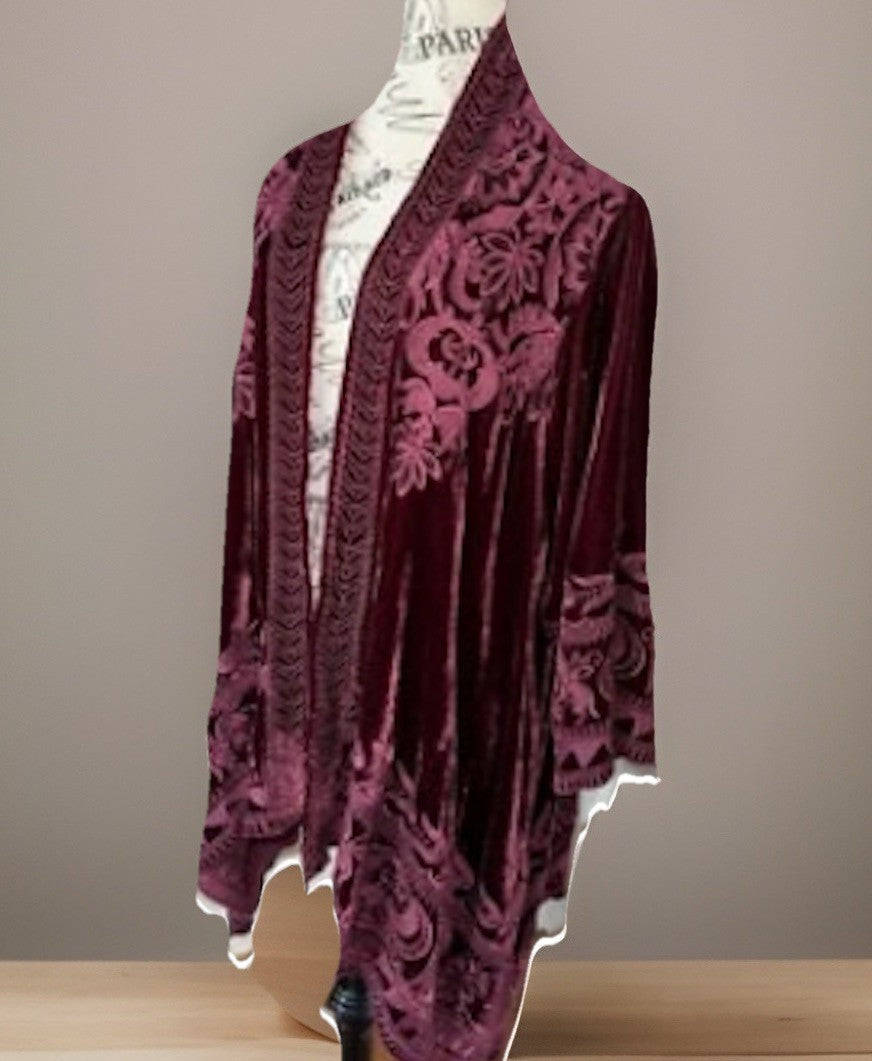 Johnny Was XL Burgundy Wine Velvet Kimono Cardigan Embroidered Top Wrap Duster Johnny Was