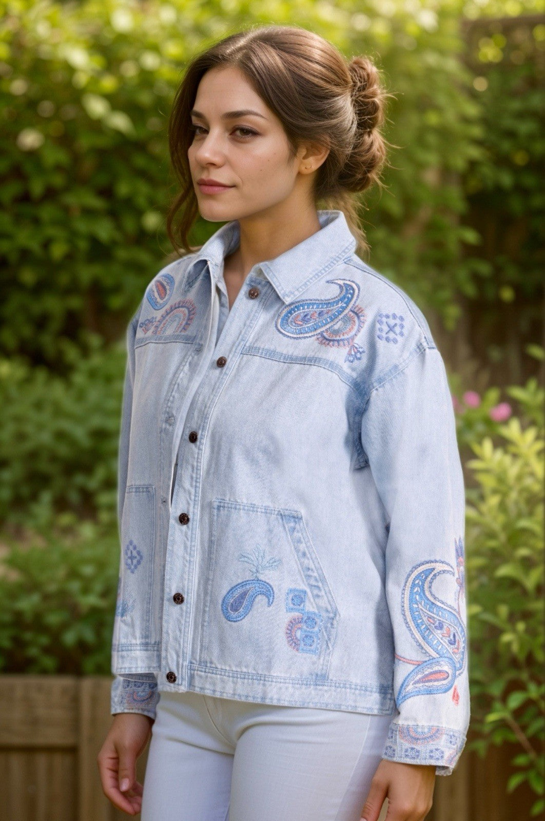 Johnny Was 2X Plus Denim Worker Jacket Coat Embroidered Birds & Paisley Johnny Was