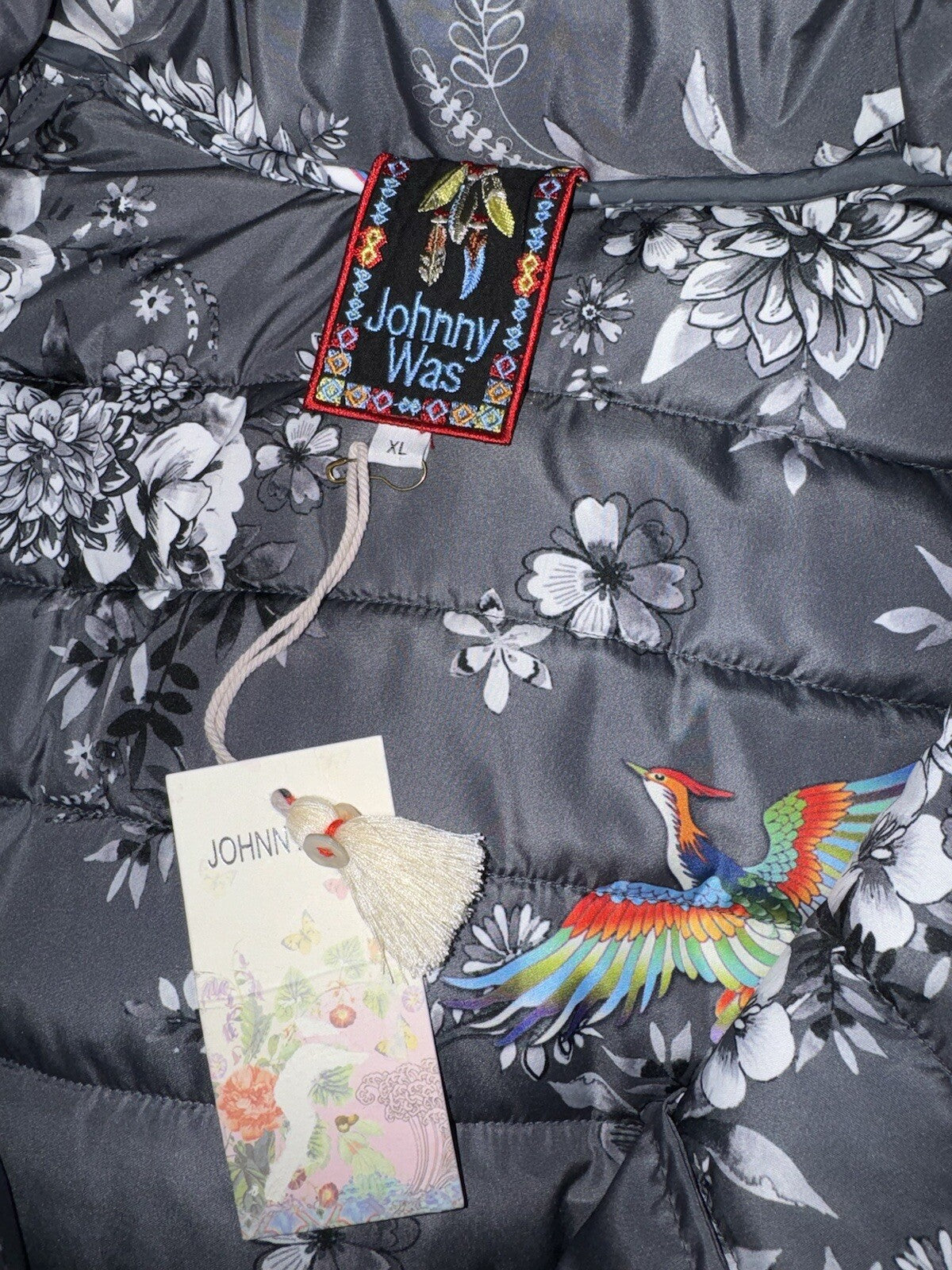 Johnny Was XL Black Puffer Coat Jacket Embroidery On Sleeves $598 Retail Johnny Was