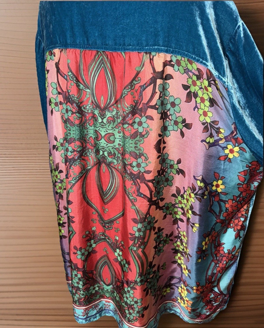 2 pc Johnny Was Large Teal Blue Velvet & Silk Tunic Top FREE Matching Undershirt Johnny Was