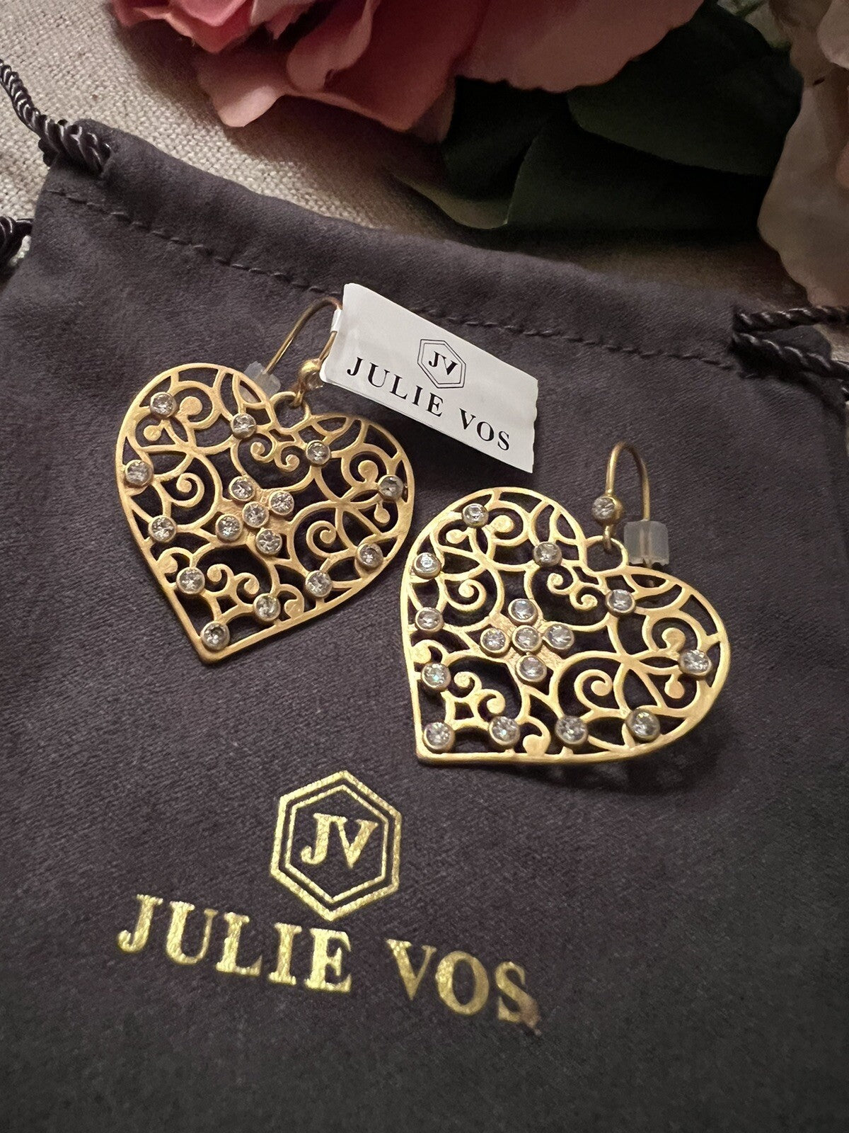 Julie Vos Heart Earrings CZ Embellished 24k Gold Plated Luxe statement Julie Vos