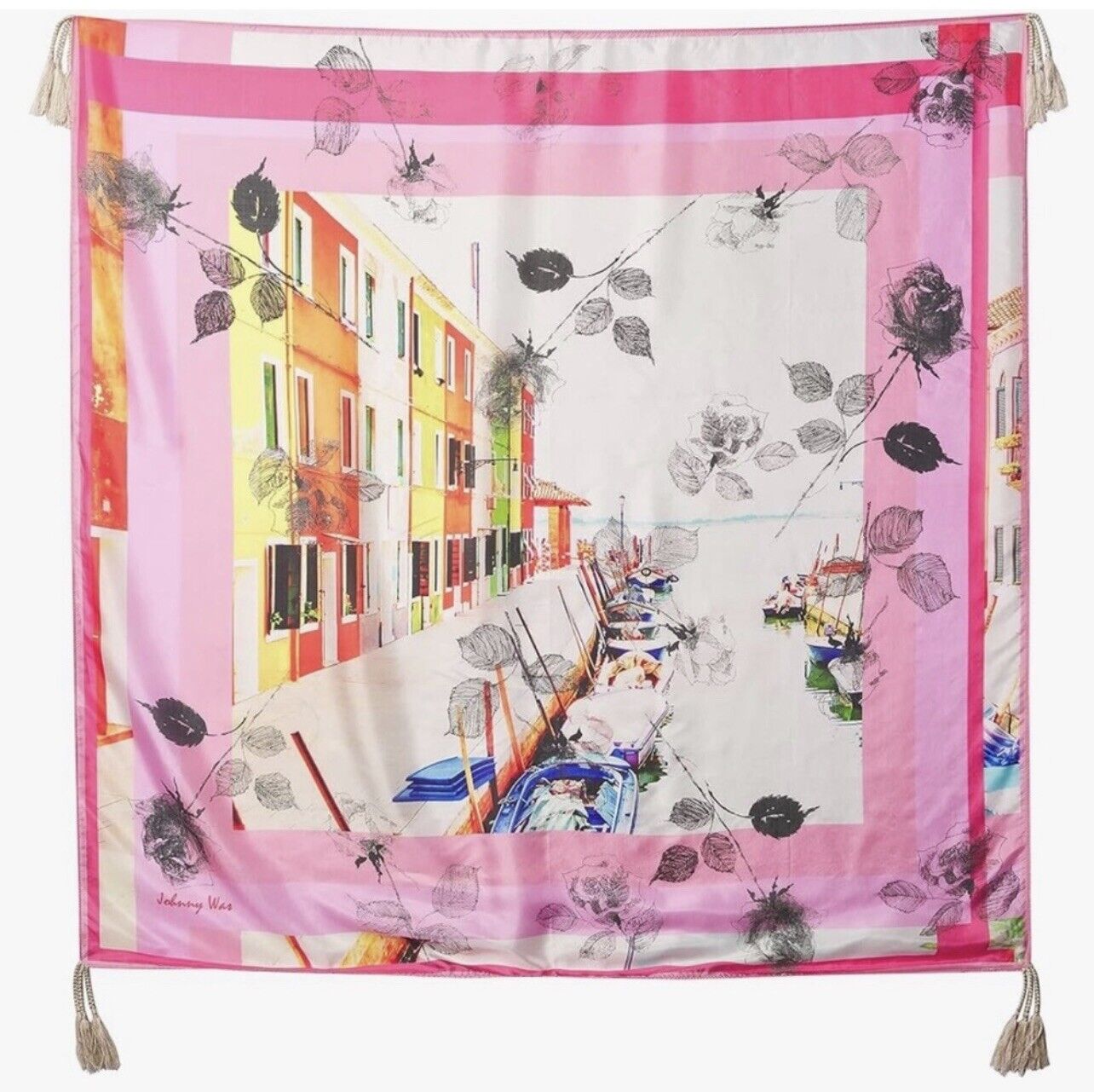 Johnny Was 100% Silk Scarf w/ Tassels Beautiful Pink City Scene 43” X 43”