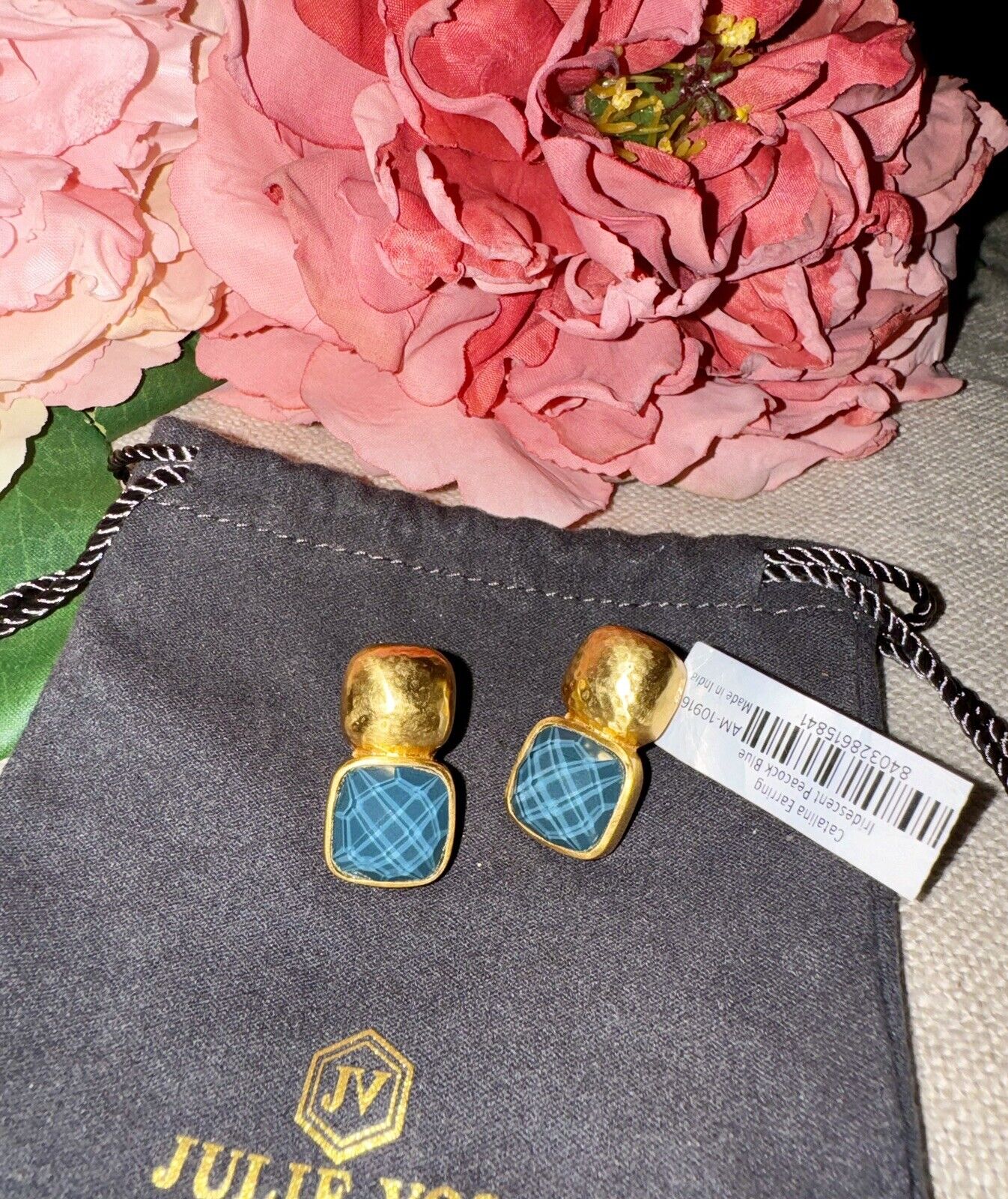 Julie Vos Iridescent Peacock Blue Crystal 24k Gold Plated Earrings