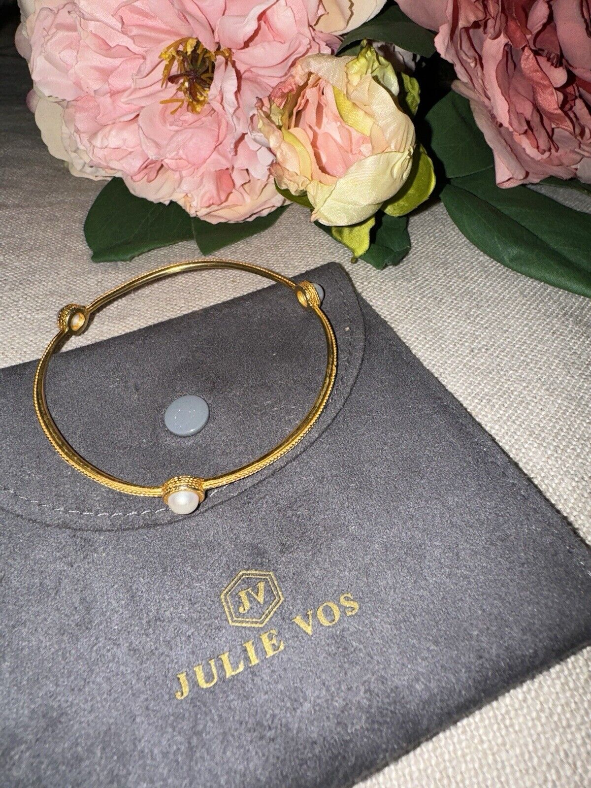 Julie Vos Sz Large Three Station Pearl Bangle Bracelet 24k Plated RETIRED