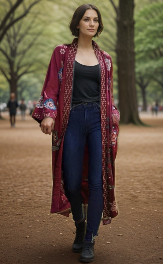 Johnny Was L Deep Red Long Kimono Silky Duster Embroidered Wrap Jacket Johnny Was