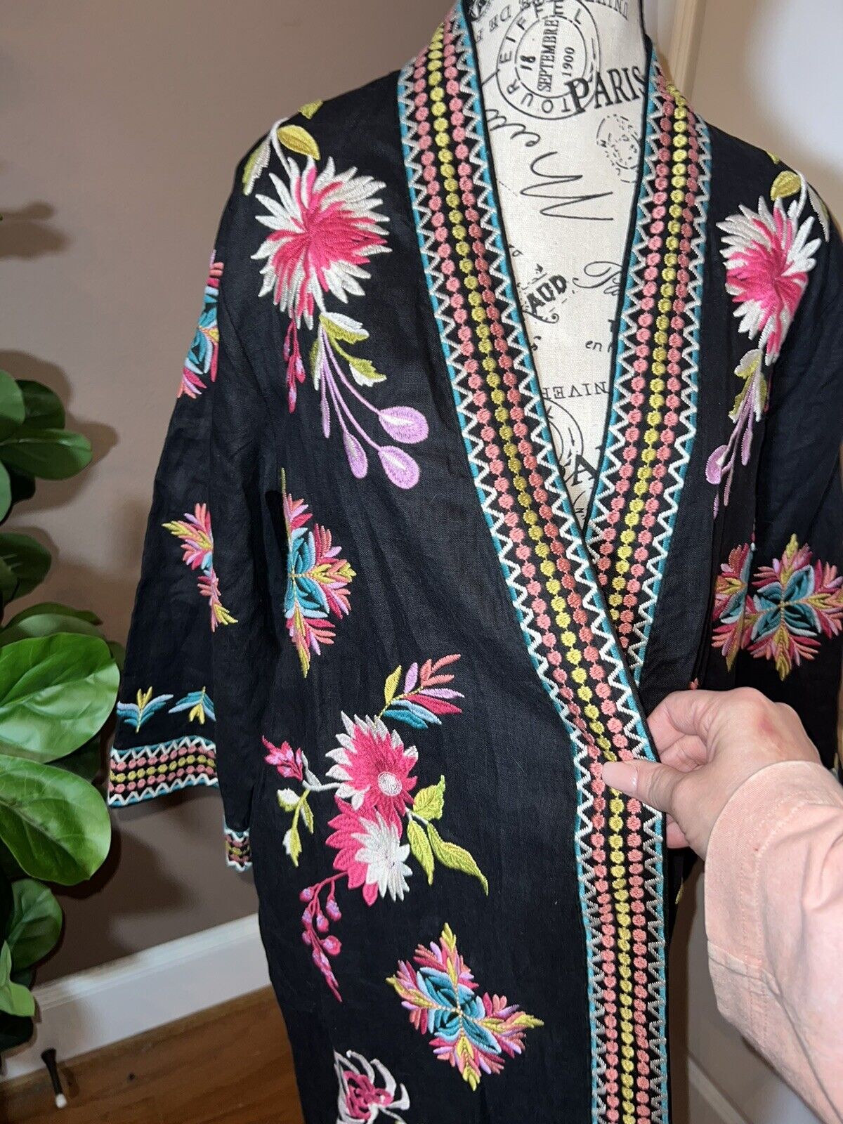 Johnny Was L Large Linen Long Kimono Duster Black Floral Embroidered