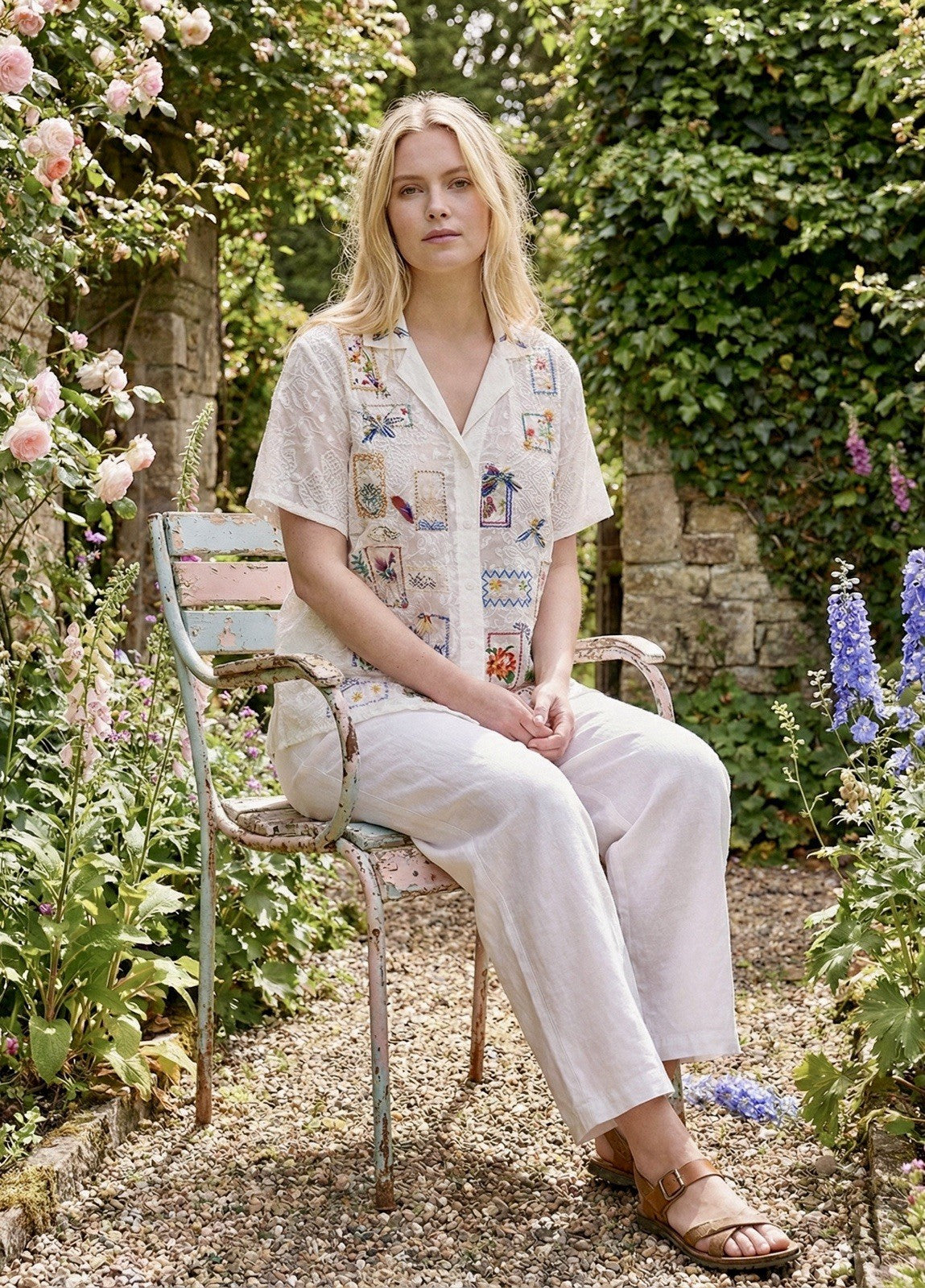 Johnny Was 1X Plus White Cotton Button Up Shirt Tunic Top Blouse Embroidered Johnny Was