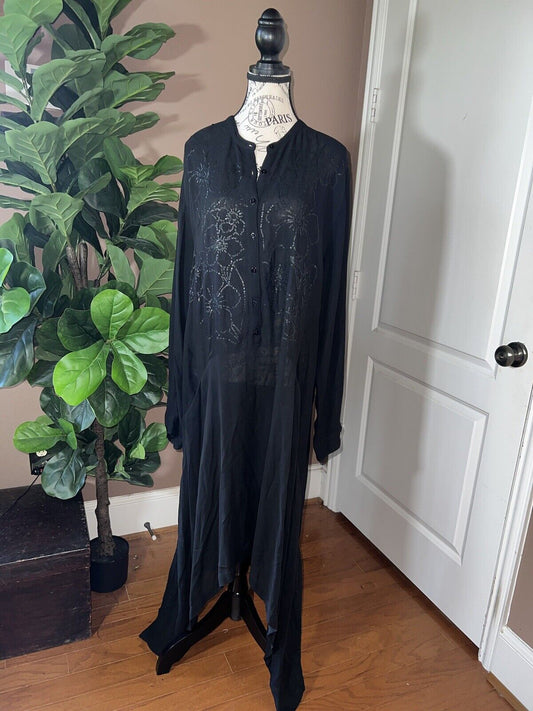 Johnny Was Black L Large Maxi Dress Long Flowy Handkerchief Hem Sequins