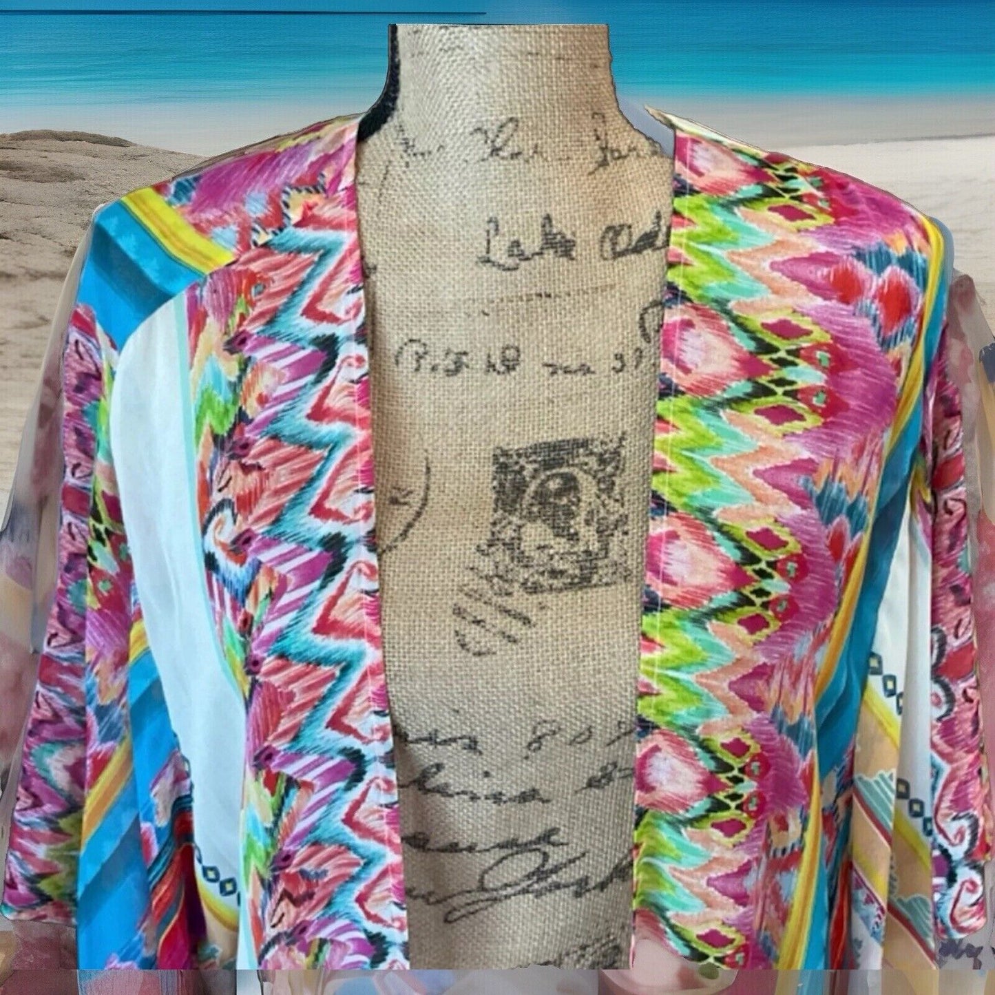 Johnny Was Silky Kimono Wrap Cardigan Sz L Large Pink White Blue