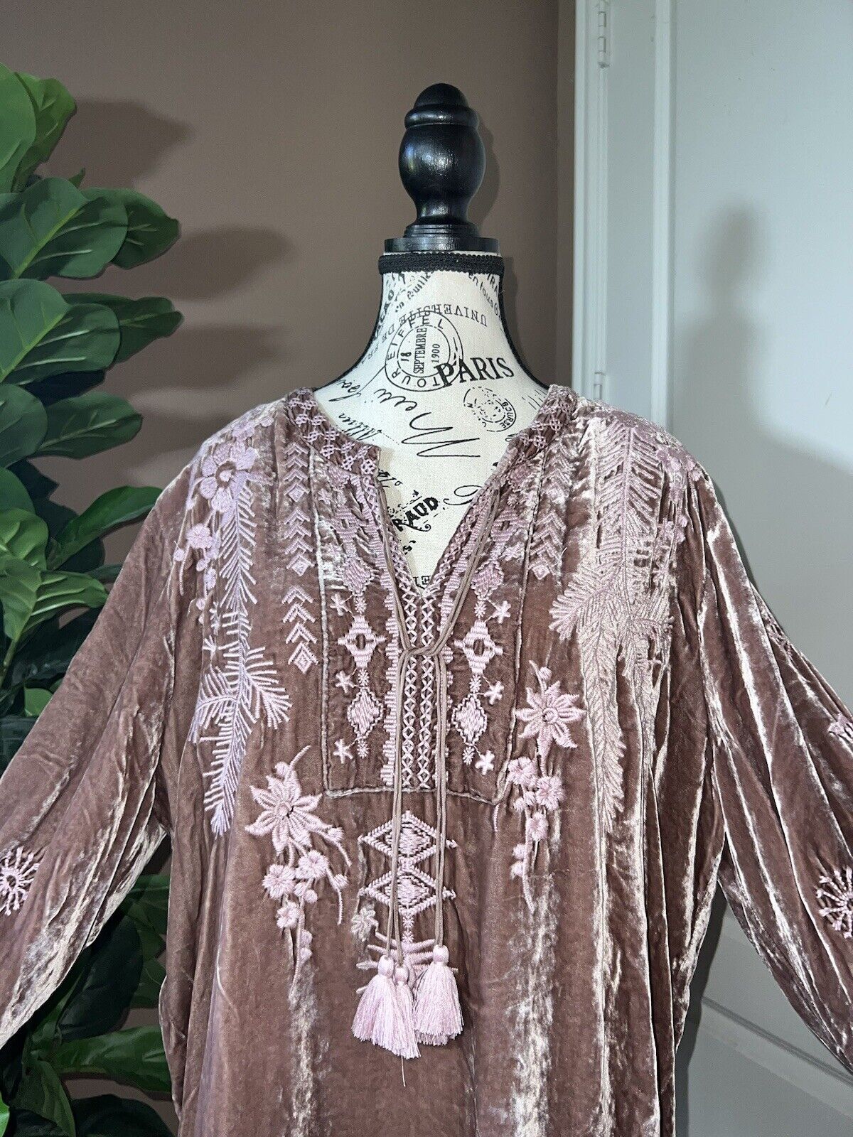 Johnny Was Dusty Rose Pink Velvet Embroidered Tunic Top Peasant Blouse XL 1X