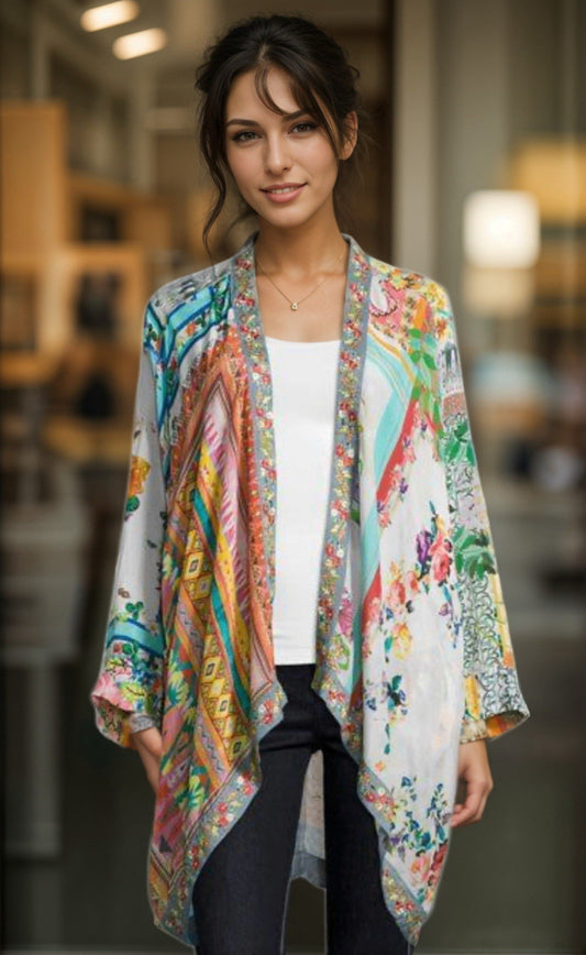 Johnny Was XL Silky Kimono Lightweight Cool Jacket Wrap Embroidered Pockets BOHO Johnny Was