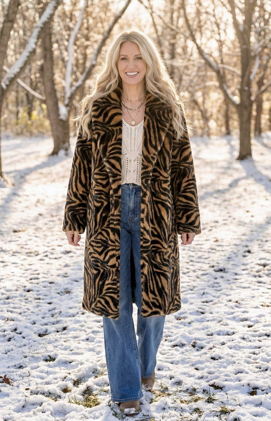 Johnny Was XL Faux Fur & Silk Tiger Stripe Long Length Coat Jacket Wrap Johnny Was