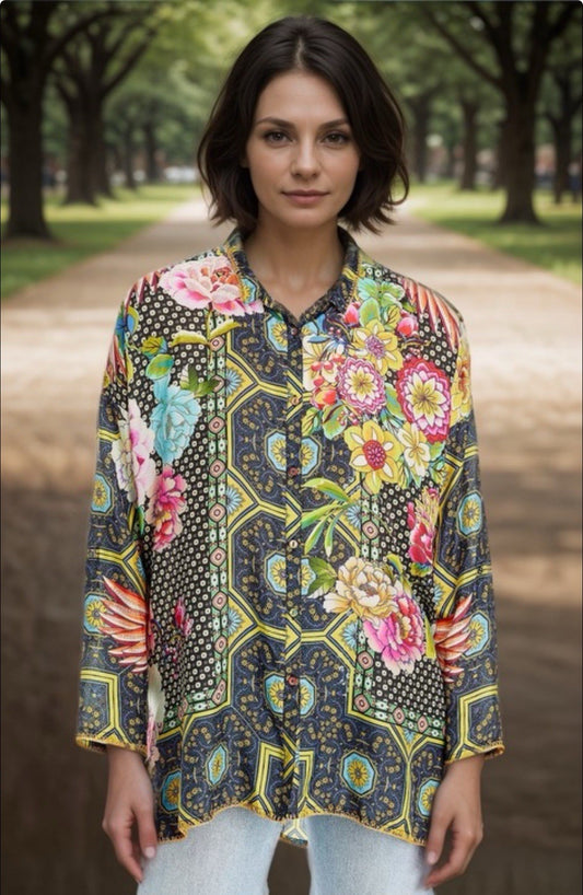 Johnny Was L 100% Silk Long Sleeve Shirt Tunic Top Button Up Blouse PTP 26” BOHO Johnny Was