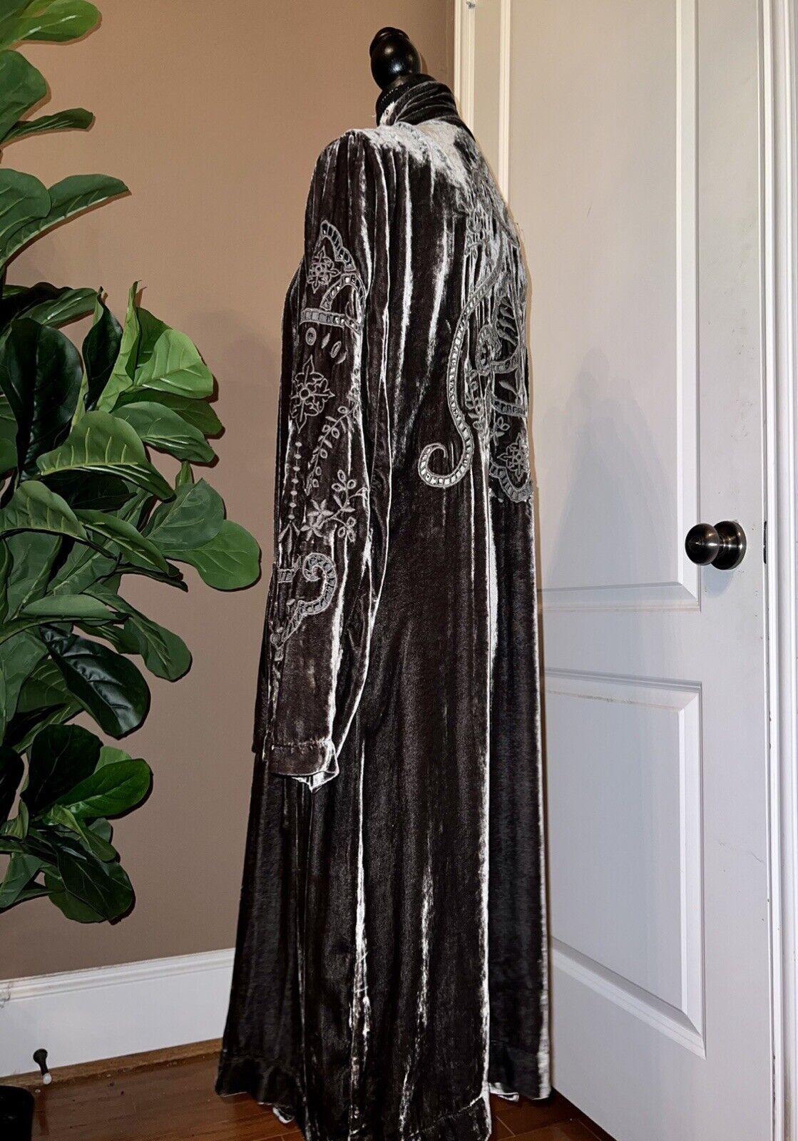 Johnny Was Grey Velvet Long Kimono Duster Wrap M Medium Eyelet Lace