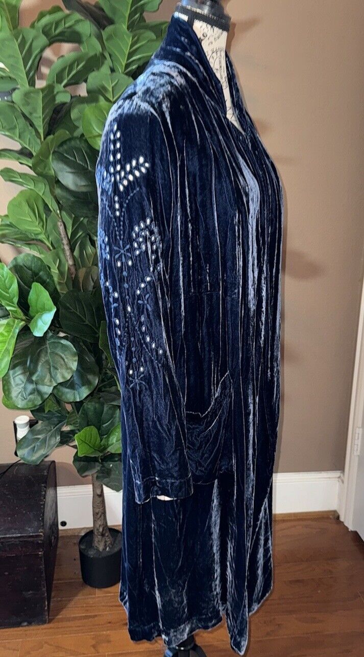 Johnny Was M Blue Velvet Long Kimono Duster Wrap Coat Eyelet Lace Cutout