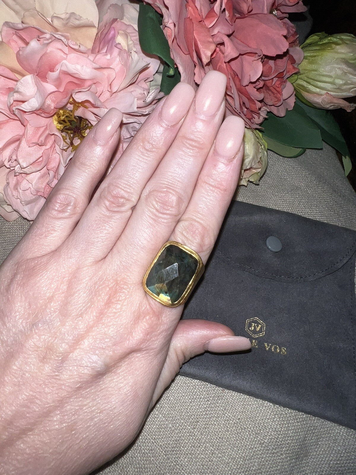 Julie Vos Sz 9 Cuff Ring ADJUSTABLE Real Labradorite & 24k Gold Plated Julie Vos