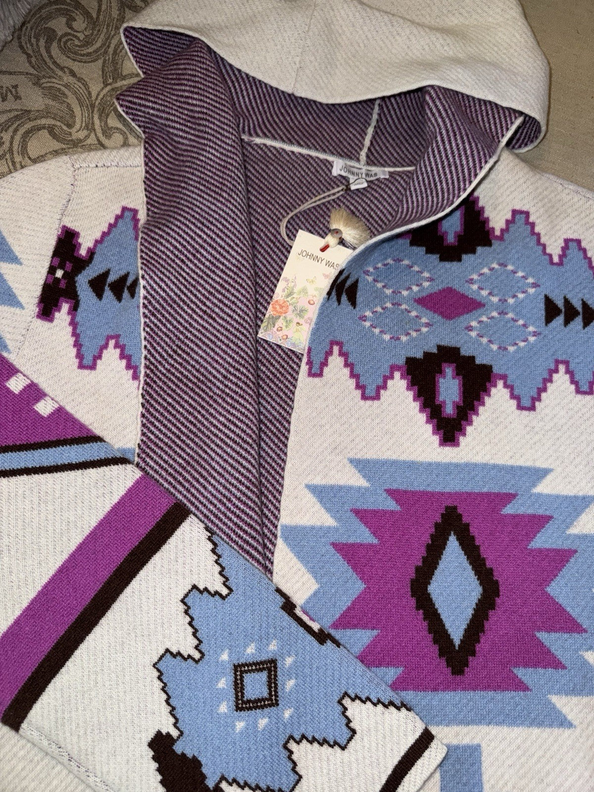 Johnny Was L White Purple & Blue Cashmere & Wool Cardigan Sweater Wrap $478 Johnny Was