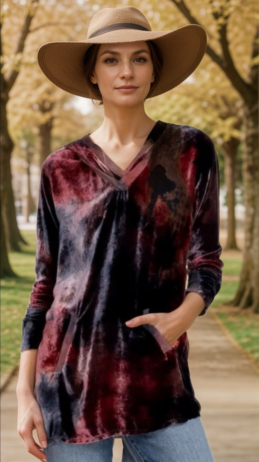 Johnny Was L Large Black & Red Velvet Hoodie Pullover Sweatshirt Tunic Top WARM Johnny Was