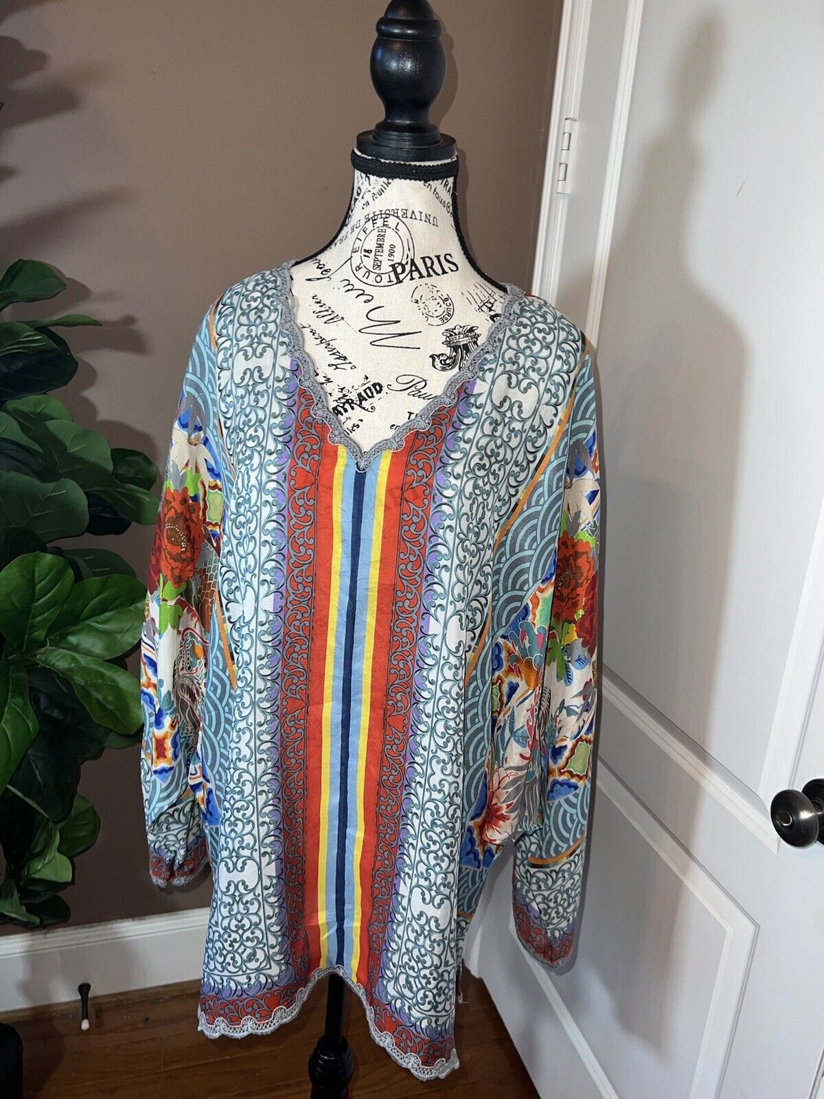 Johnny Was 100% Silk Long Sleeve Tunic Top Dragon Blouse Kimono XL 1XL