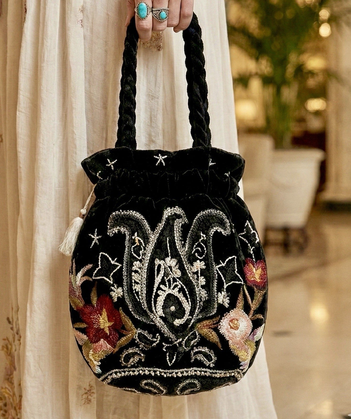 Johnny Was Black Velvet Embroidered Hobo Bag Tote Purse Pink Roses & Paisley Johnny Was