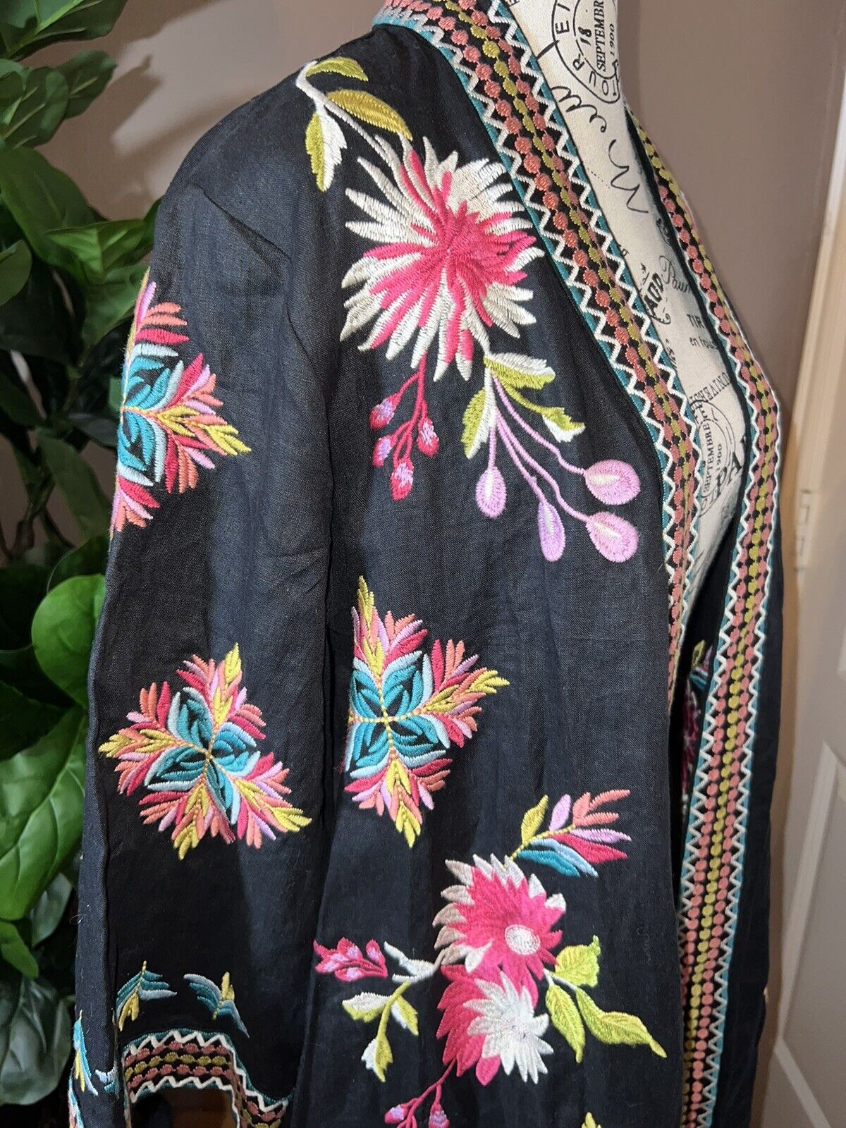 Johnny Was L Large Linen Long Kimono Duster Black Floral Embroidered