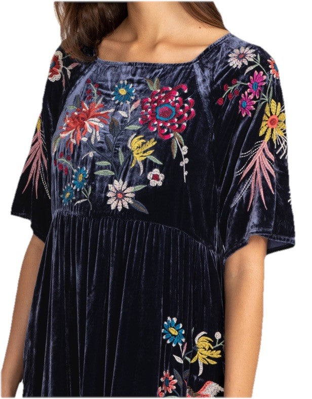 JOHNNY WAS L Dark Midnight Blue Velvet Midi Dress Tiered Embroidered Maxi Johnny Was