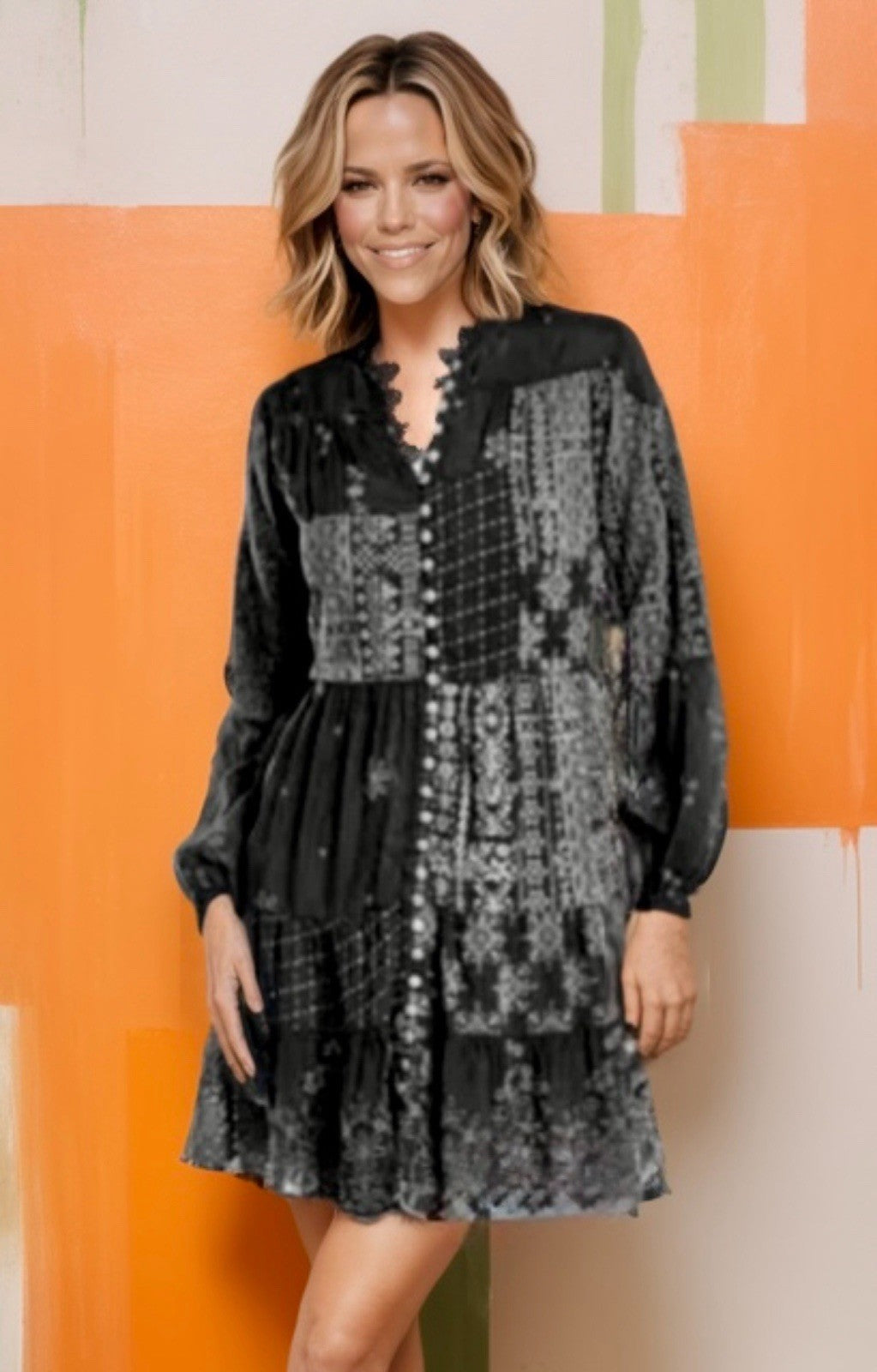 Johnny Was XXL Black Eyelet Lace Mini Dress & Slip Drawstring Waist $560 Ret Johnny Was