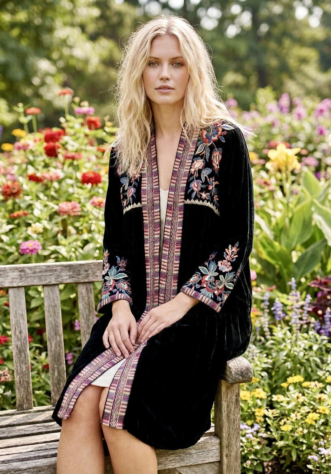 Johnny Was L Large Long Black Velvet Kimono Wrap Jacket Duster Oversized Aztec Johnny Was