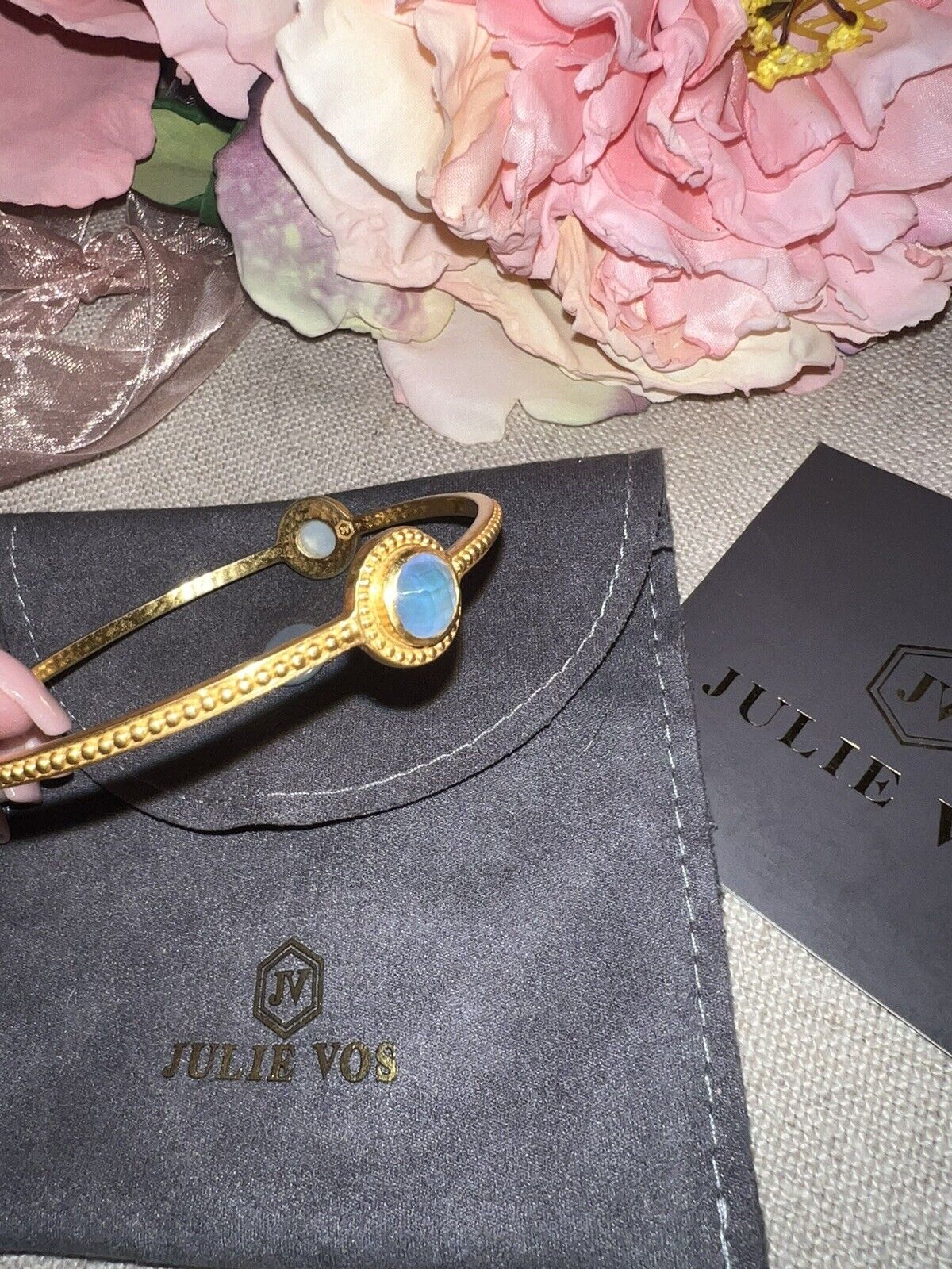 NEW Julie Vos Iridescent Blue 3 Station Bangle Bracelet 24k Gold Plated NWOT