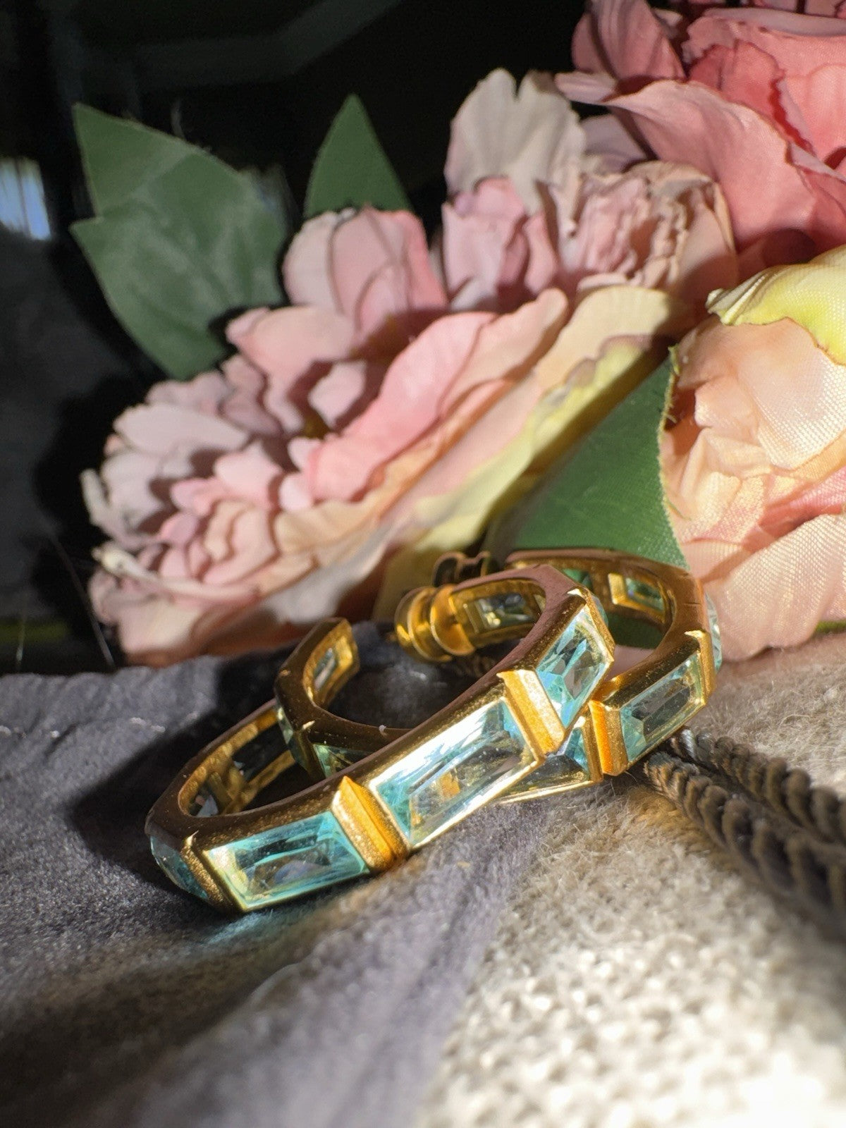 Julie Vos Baguette Clear Blue & 24k Gold Plated Hoop  Earrings 1.25” Julie Vos