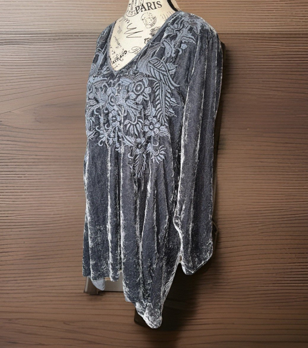 Johnny Was L Steel Grey Velvet Mini Dress Or Tunic Top BOHO Tonal Embroidery Johnny Was