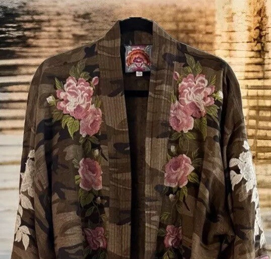 Johnny Was XL Linen Camo Embroidered Kimono Top Wrap Jacket Coat *NO BELT Johnny Was