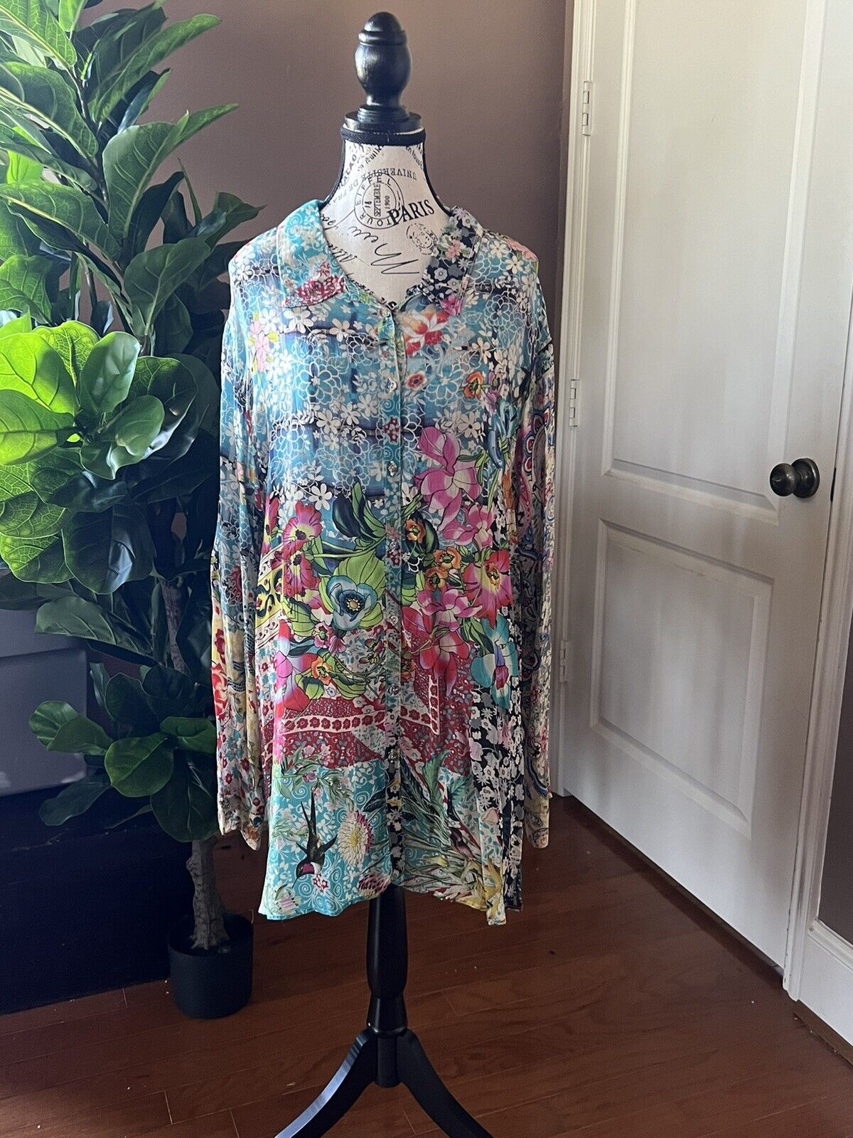 Johnny Was 3X Silky Blouse Top Long Sleeve Shirt Button Up Gorgeous Floral Tunic