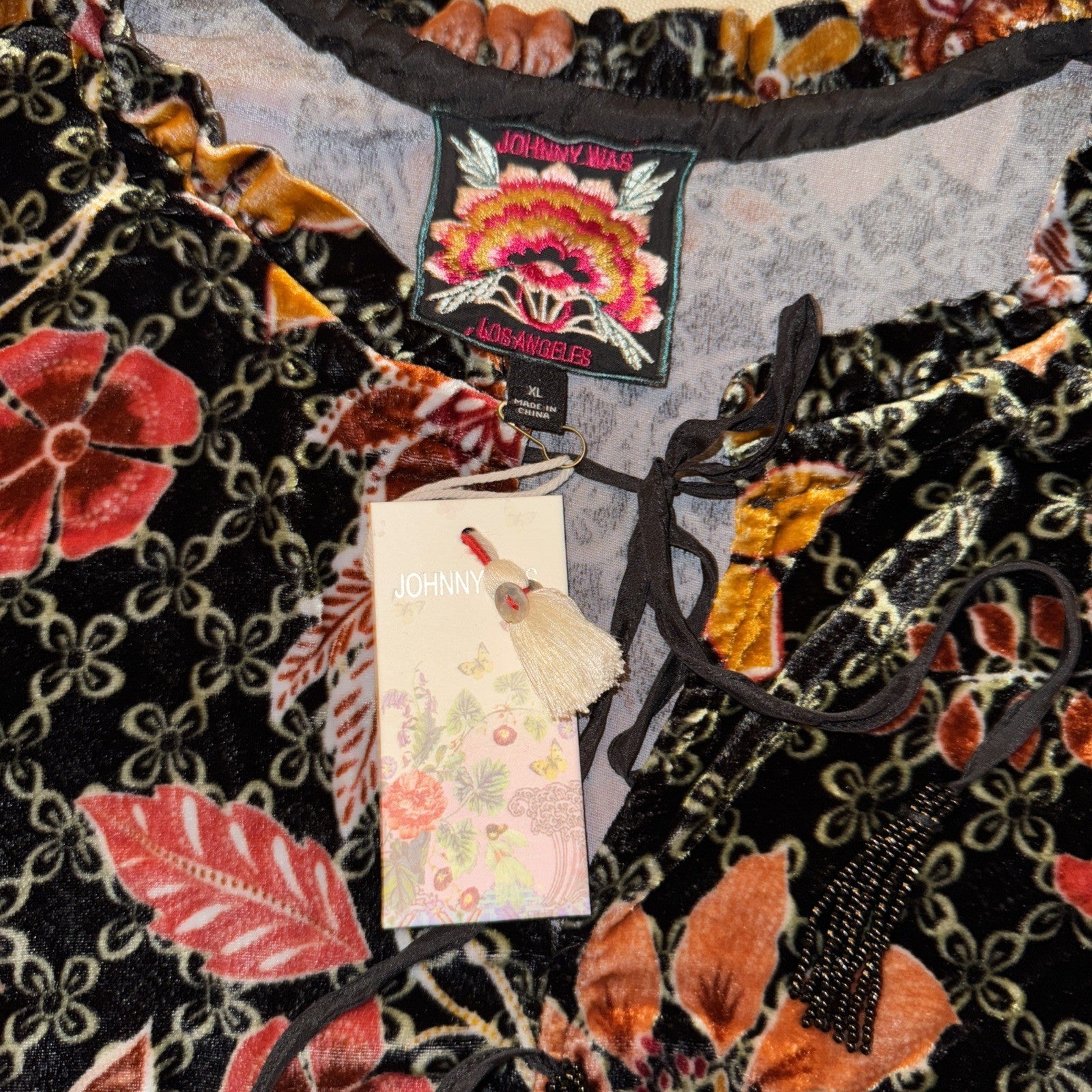 Johnny Was XL Velvet Mini Dress Tiered Fall Colors Babydoll Beaded Maxi Johnny Was