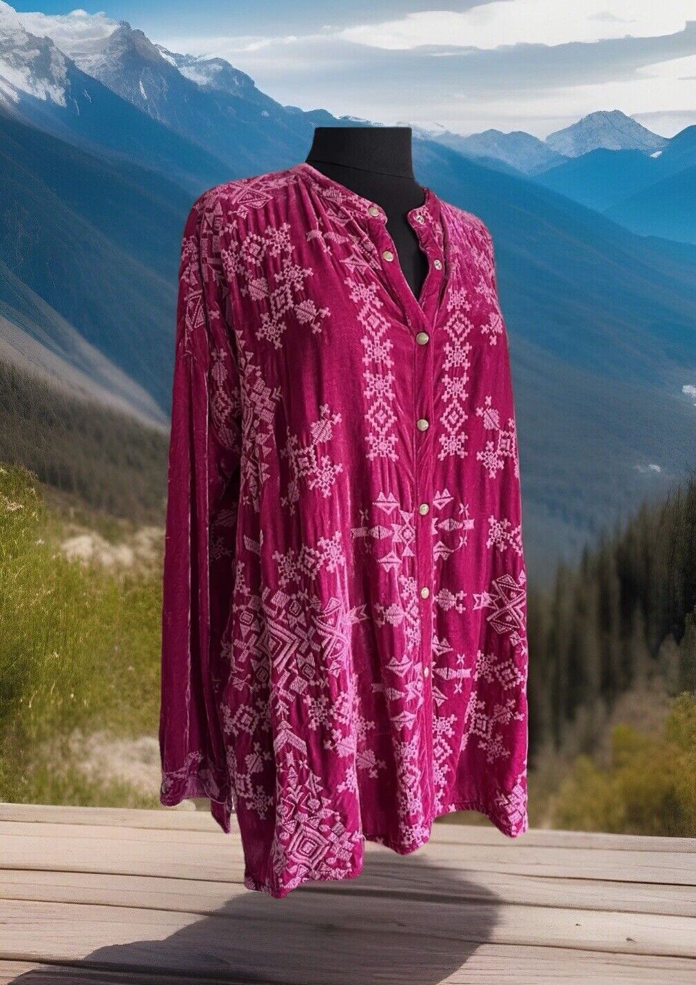 Johnny Was XXL Velvet Fuchsia Pink Button Up Shirt Tunic Top Tonal Blouse