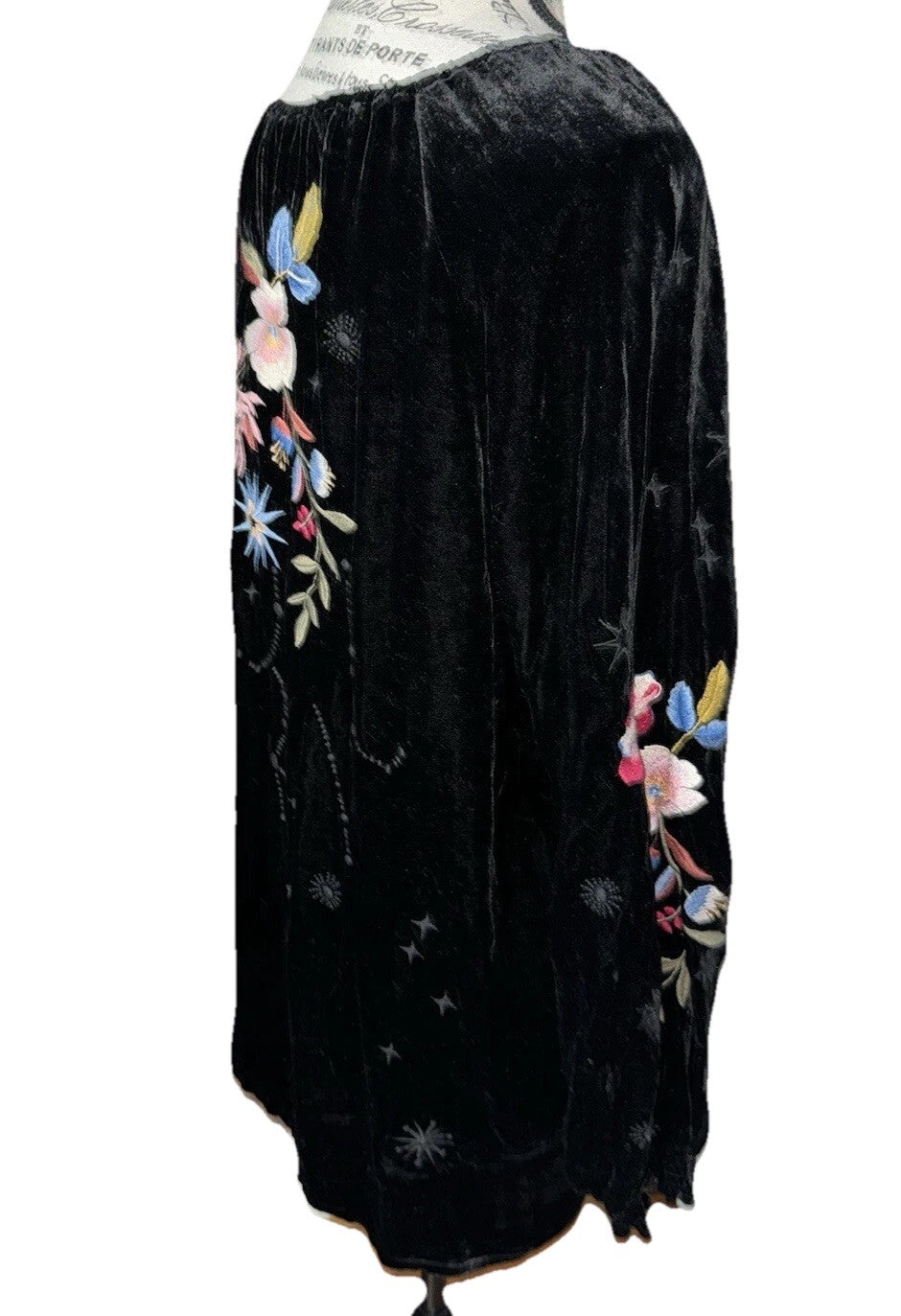 Johnny Was L Black Velvet Peasant Top Tunic Blouse Shirt Embroidered Roses Stars Johnny Was